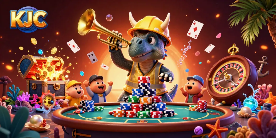 KJC casino illustration featuring animated triceratops and parasaurolophus celebrating a poker win amidst poker chips and playing cards.