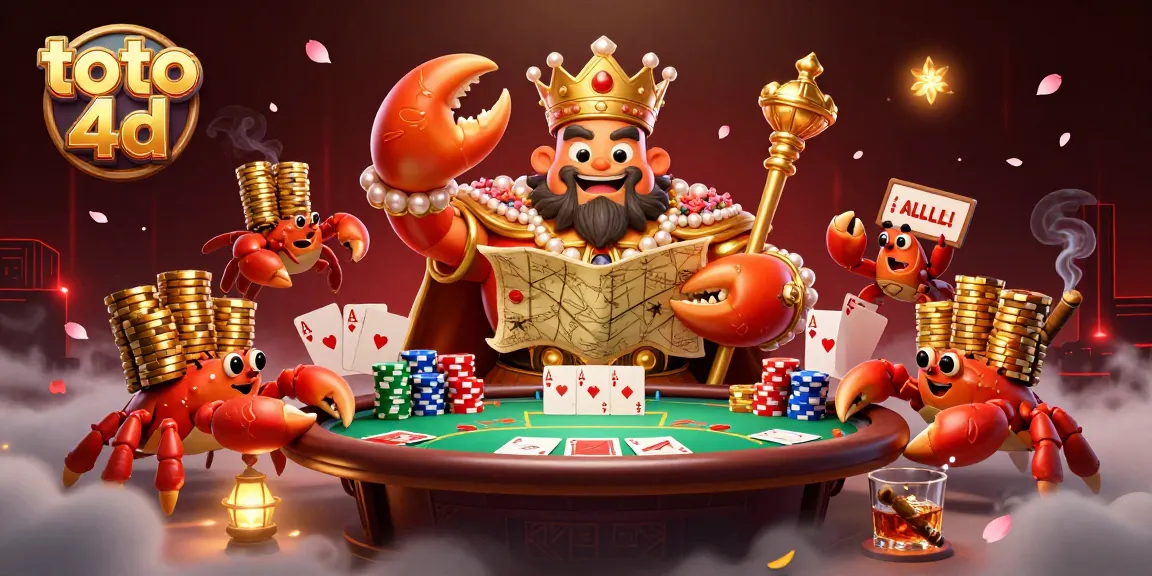 Experience thrilling Toto 4D excitement with a golden crab emperor and vibrant poker elements.