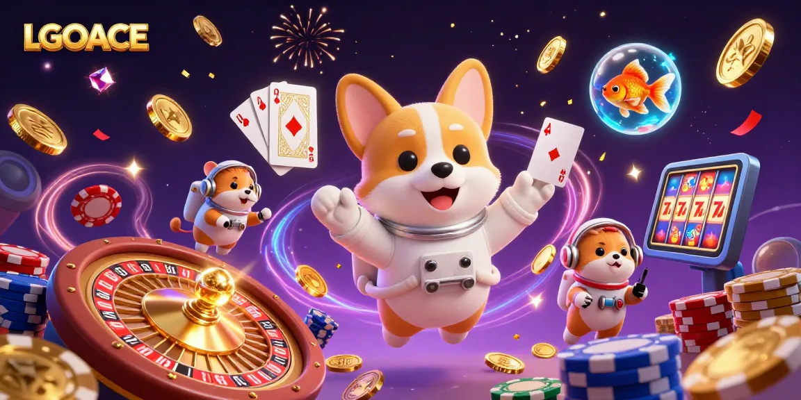 LGOACE engages users with a captivating space casino scene featuring an astronaut corgi and floating gold coins.