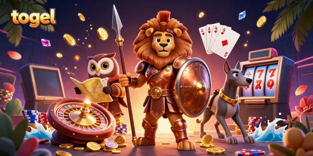 Experience the thrilling world of togel in this vibrant and dynamic casino scene featuring a lion, owl, and greyhound.
