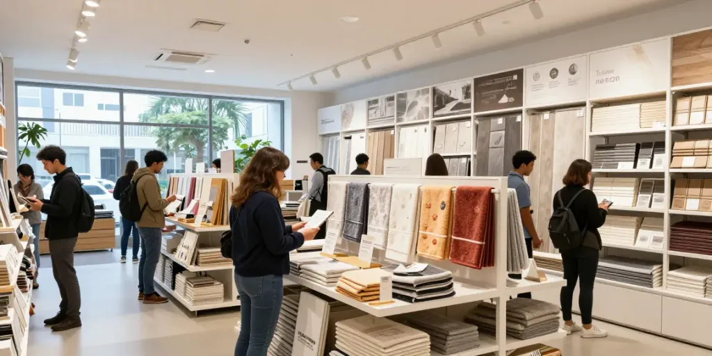 Shopsmart e-commerce shopping scene showcasing personalized towels and eco-friendly flooring products.