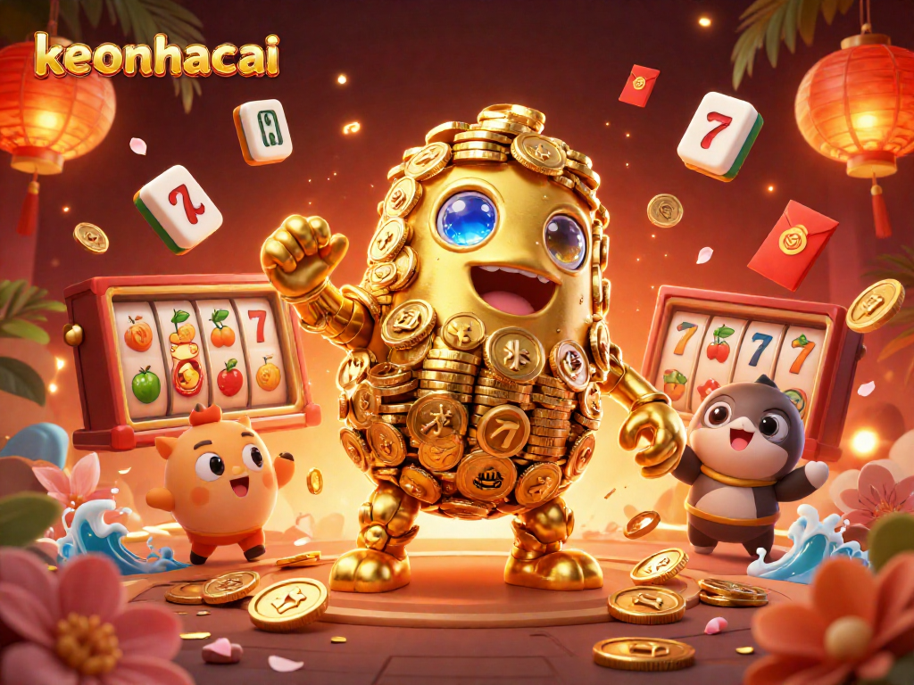 Spin the slots with keonhacai, featuring a vibrant golem and floating symbols, embodying fun and luck.