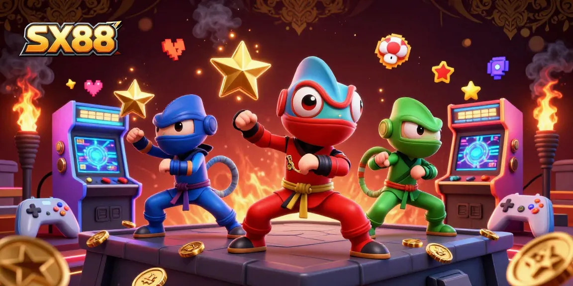 SX88 showcases a vibrant chameleon ninja trio in a colorful casino action scene filled with dynamic gaming elements.
