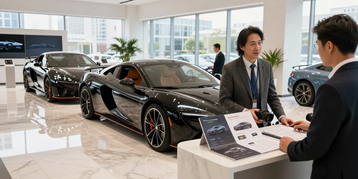 Menampilkan LUXURY 777 di showroom mobil mewah dengan kendaraan premium dan suasana elegan.