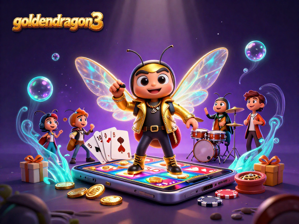 Engage with goldendragon3: Vibrant 3D illustration of a rock star cicada in casino style.