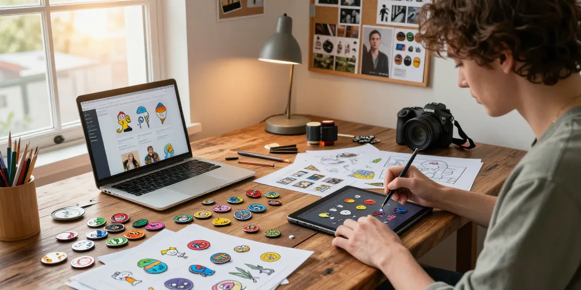 Artist designing vibrant custom pins in a creative studio with sketches and digital tools.