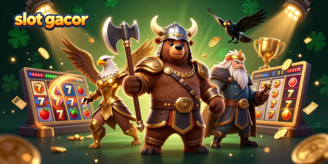 Engage in the excitement of slot gacor gaming with a Viking bear and Valkyrie eagle in an immersive 3D casino scene.