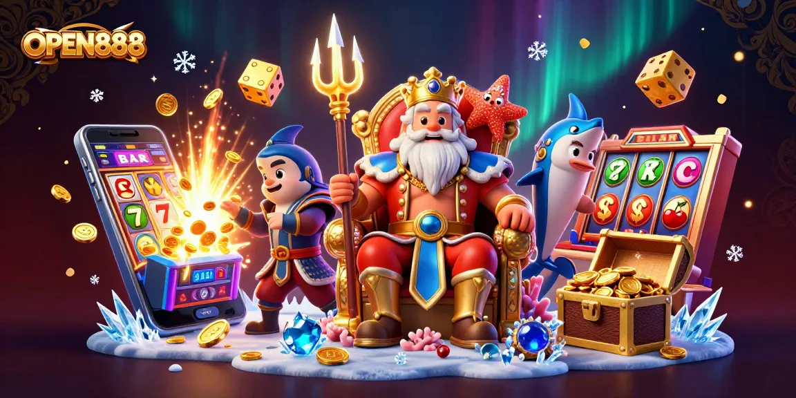Experience the thrill of OPEN888 with a vibrant 3D jackpot scene featuring Neptune and exciting casino elements.
