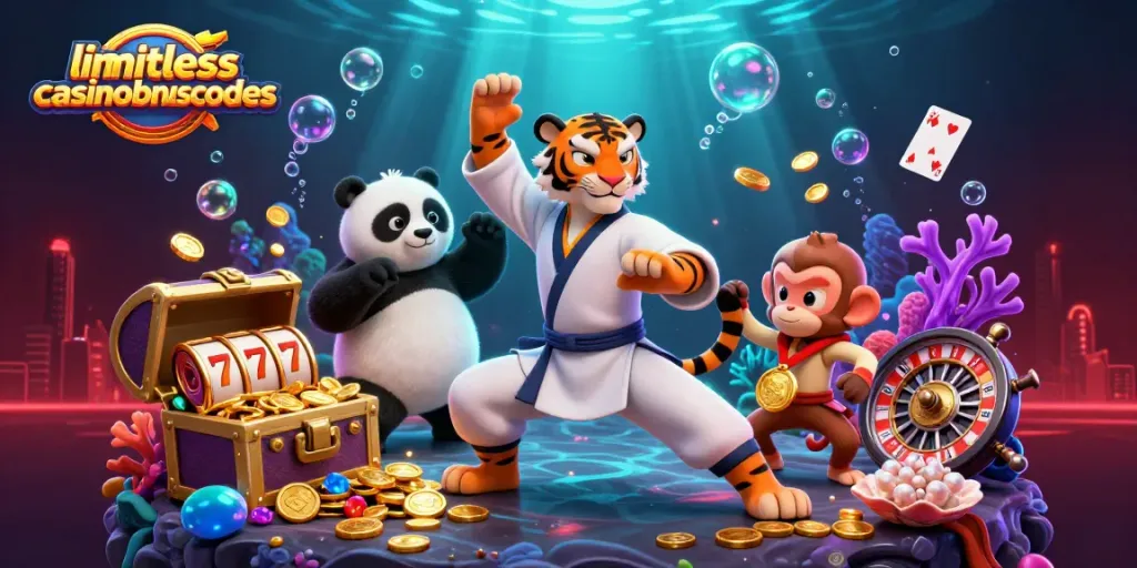 Engage with limitlesscasinobonuscodes in an ultra-detailed casino scene featuring vibrant characters and dynamic game elements.