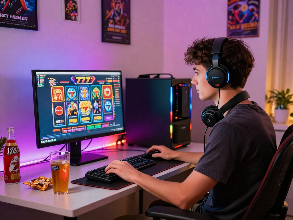 Penggemar slot777 bermain dalam suasana nyaman di rumah dengan monitor berwarna cerah dan makanan ringan.