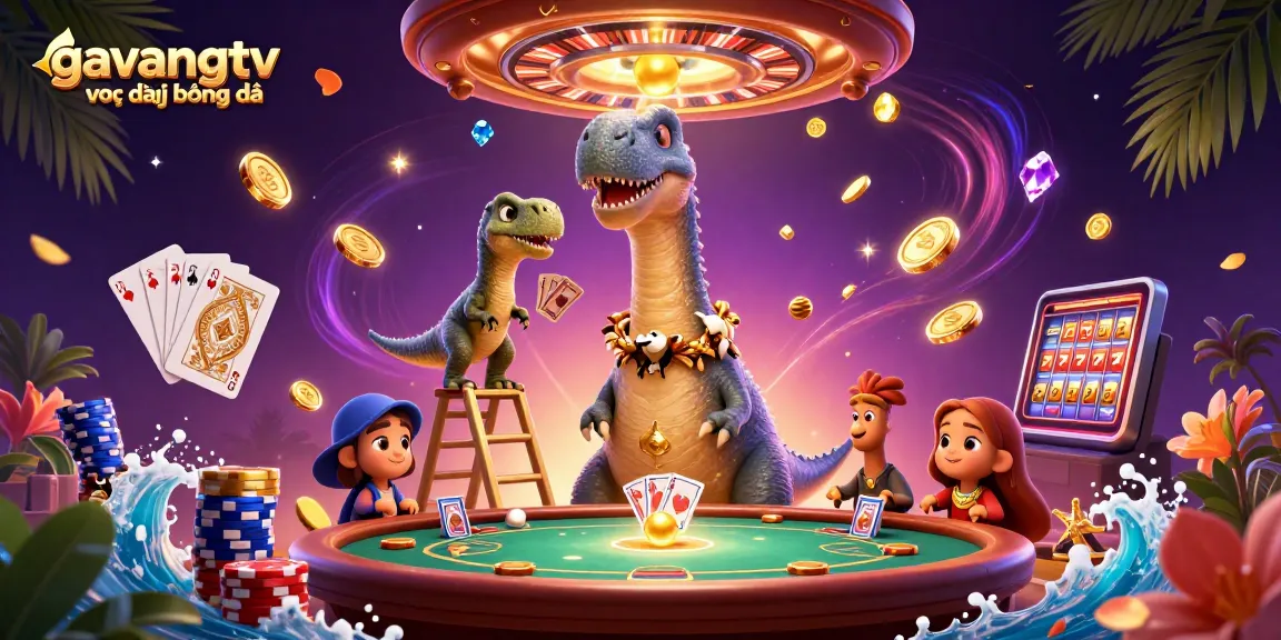 Experience the excitement of gavangtv trực tiếp bóng đá with a vibrant 3D casino scene showcasing a playful brontosaurus and raptor dealer.