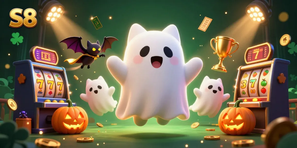 S8 spins jackpots with a ghost cat and vampire bat in a haunted casino scene.