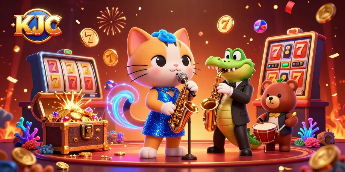 KJC showcases vibrant casino entertainment featuring a jazz-singer cat, saxophone-playing crocodile, and drum-playing bear.