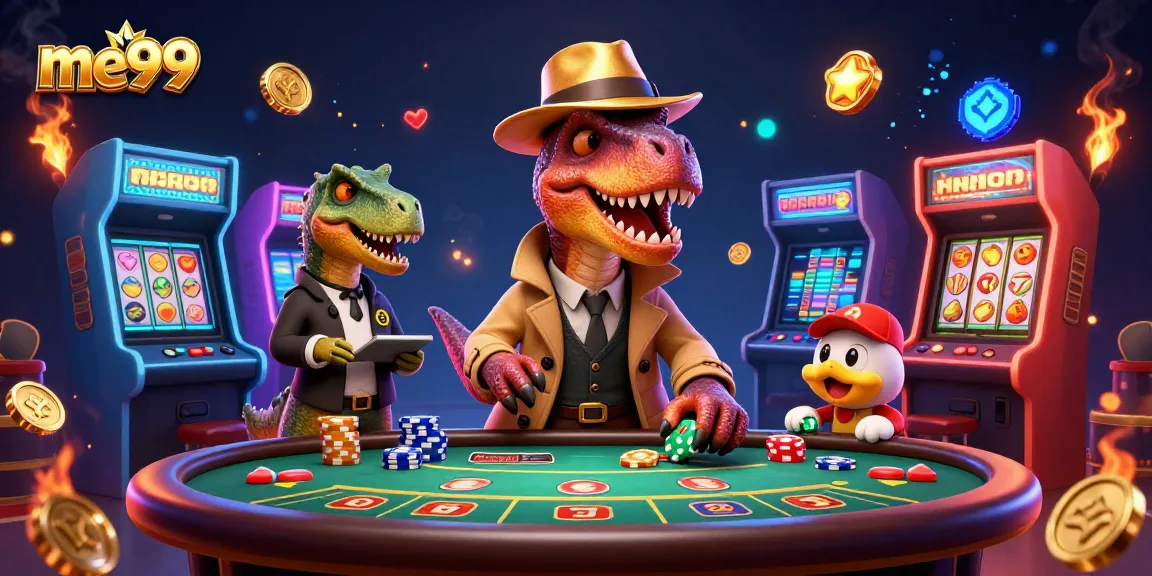 Experience the thrill of gaming at ME99 with 3D characters in a vibrant casino scene.