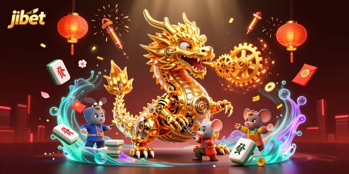 Experience the thrill of jibet with stunning 3D animation of a golden dragon surrounded by vibrant casino elements.