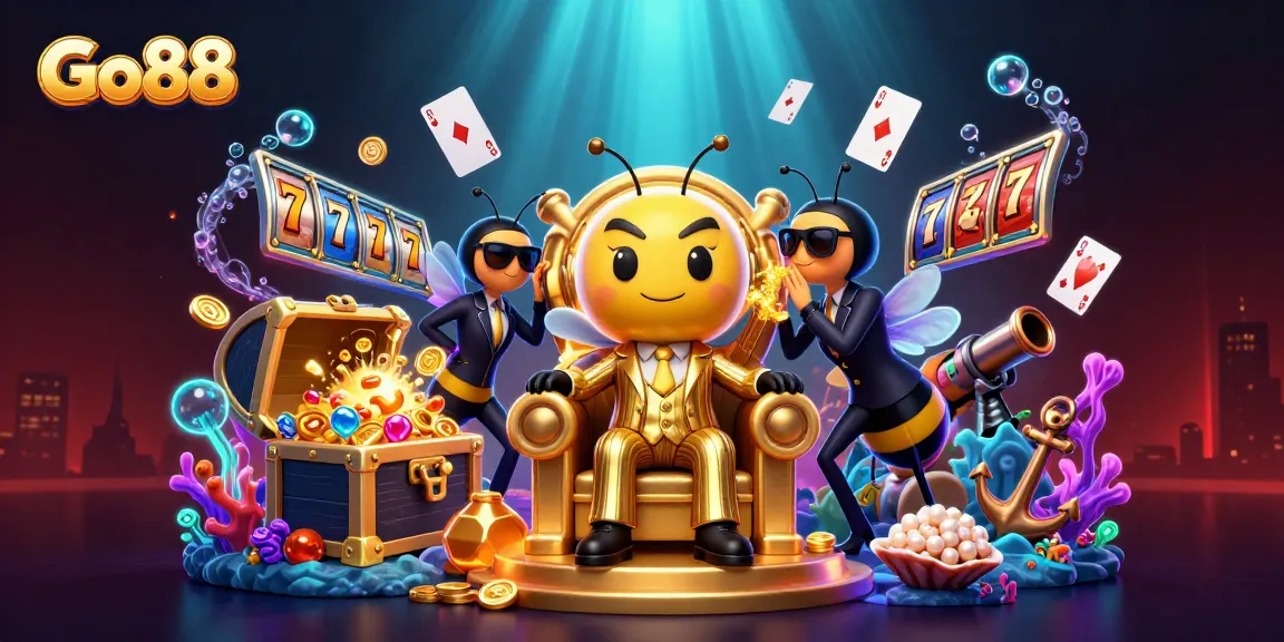 Go88 players explore vibrant slot games amid a cartoon mob boss scene.