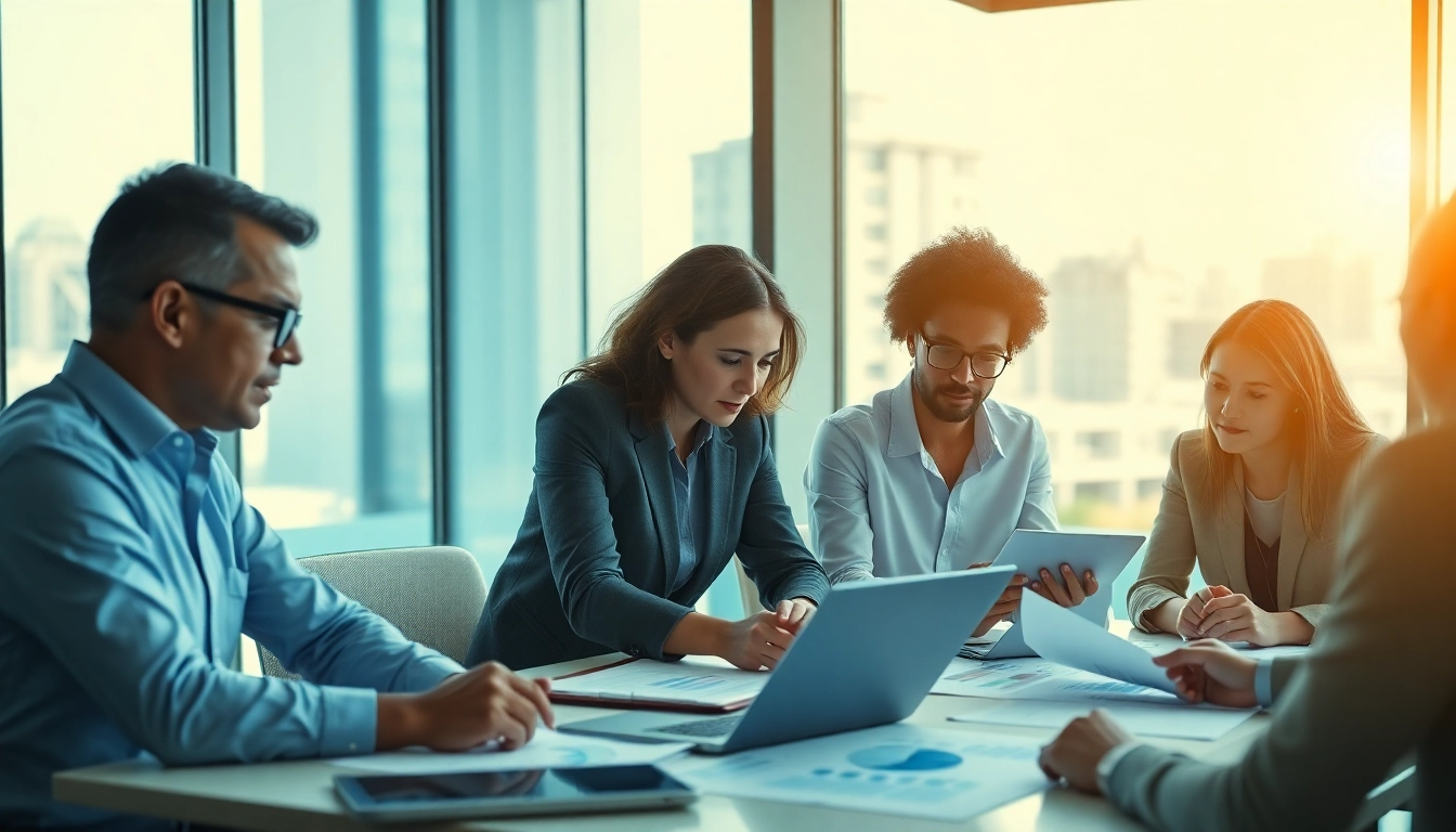 Business development executive collaborating with team in a modern office.
