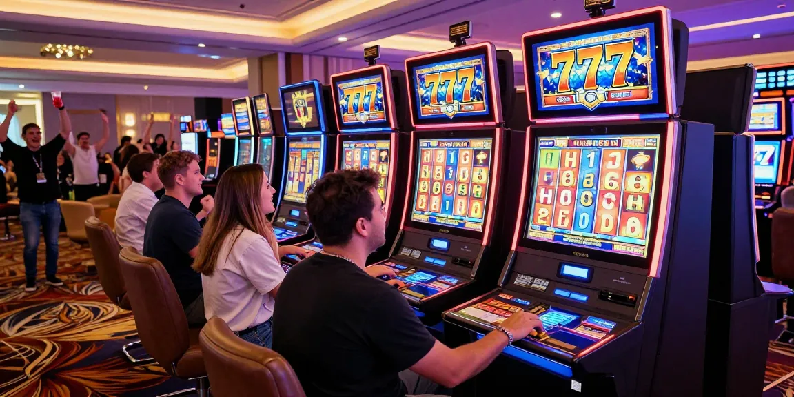 Exciting casino scene with players enjoying '777' slot machine games in vibrant atmosphere.