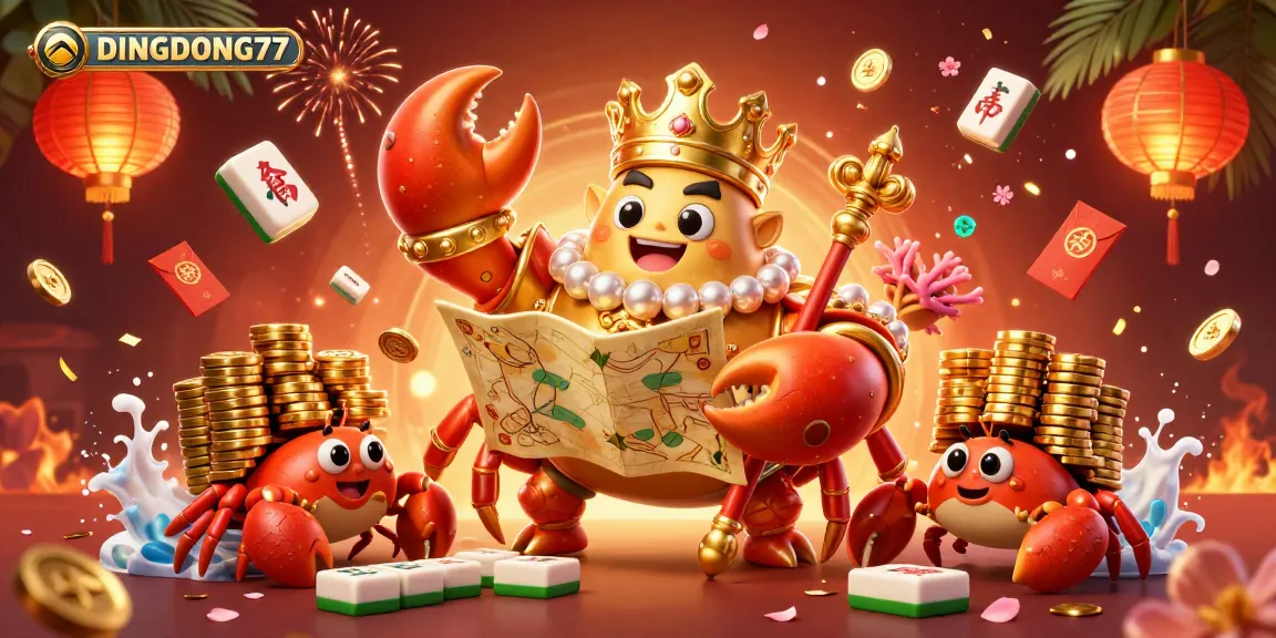 DINGDONG77 showcases a dynamic scene of a golden crab emperor surrounded by casino elements and hermit crab servants.