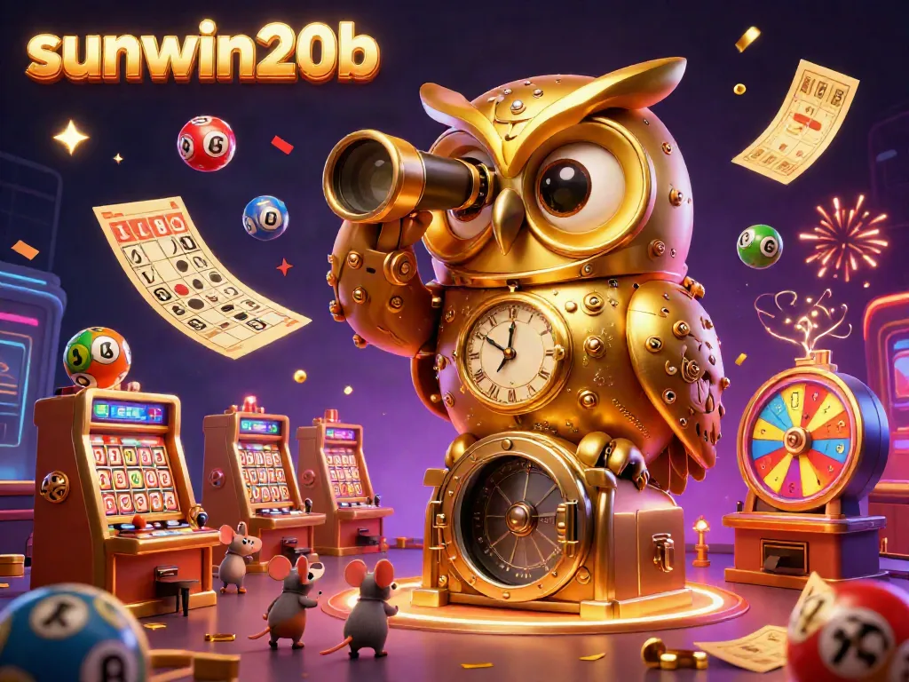 Experience the thrill of sunwin20b with a captivating illustration featuring a golden clockwork owl and lottery elements in a dynamic casino setting.