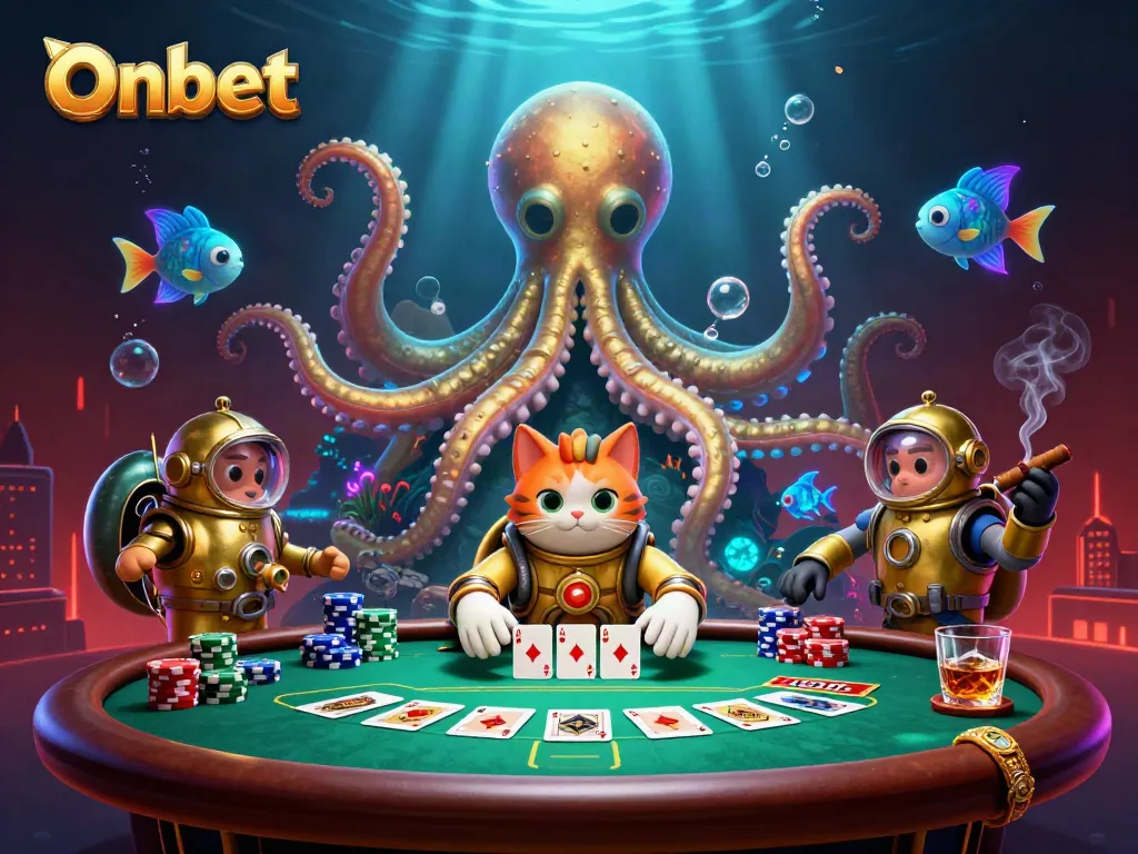 Onbet showcases a vivid poker scene with a kraken and diving cat surrounded by chips and cards.