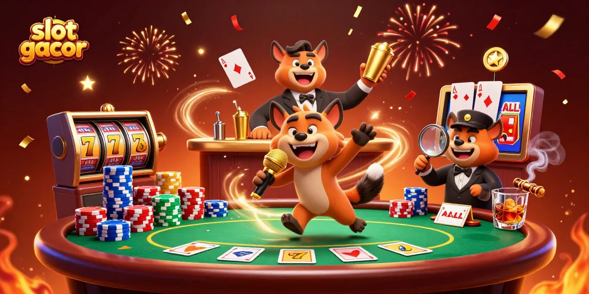 Experience slot gacor excitement with hyenas in a comedic casino scene full of vibrant details.