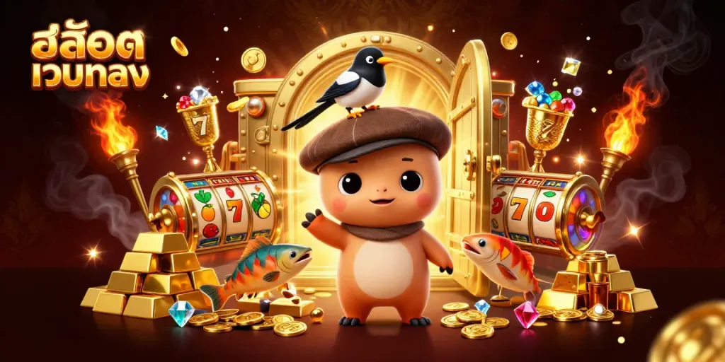 Engage with สล็อตเว็บตรง through dynamic illustrations featuring colorful slot games and treasure elements.