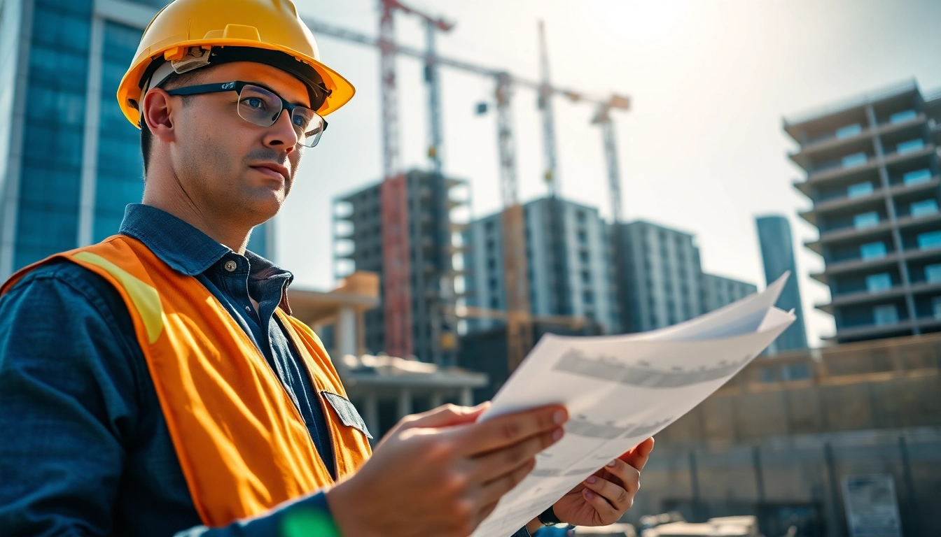 New Jersey Construction Manager analyzing blueprints at a busy construction site with safety gear.