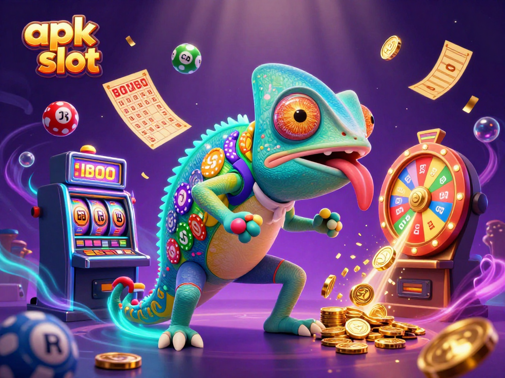 Menggunakan apk slot, pemilik kasino chameleon besar mengawasi mesin slot dan mengambil koin emas dari suasana ceria.