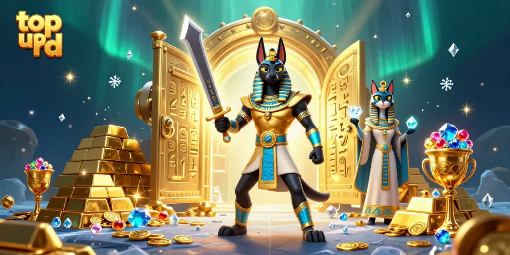 Top up rd dengan Anubis dan Bastet dikelilingi koin dan harta karun dalam ilustrasi 3D