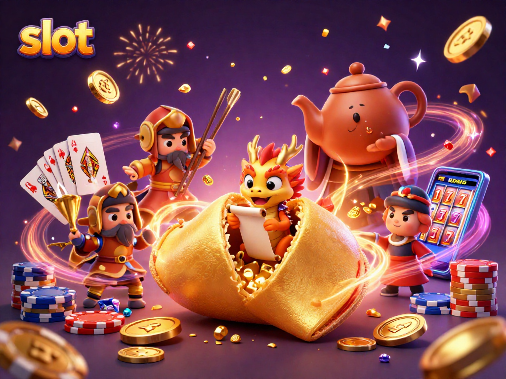 Spin the slot reels with excitement as golden fortunes and gems surround the lucky characters.