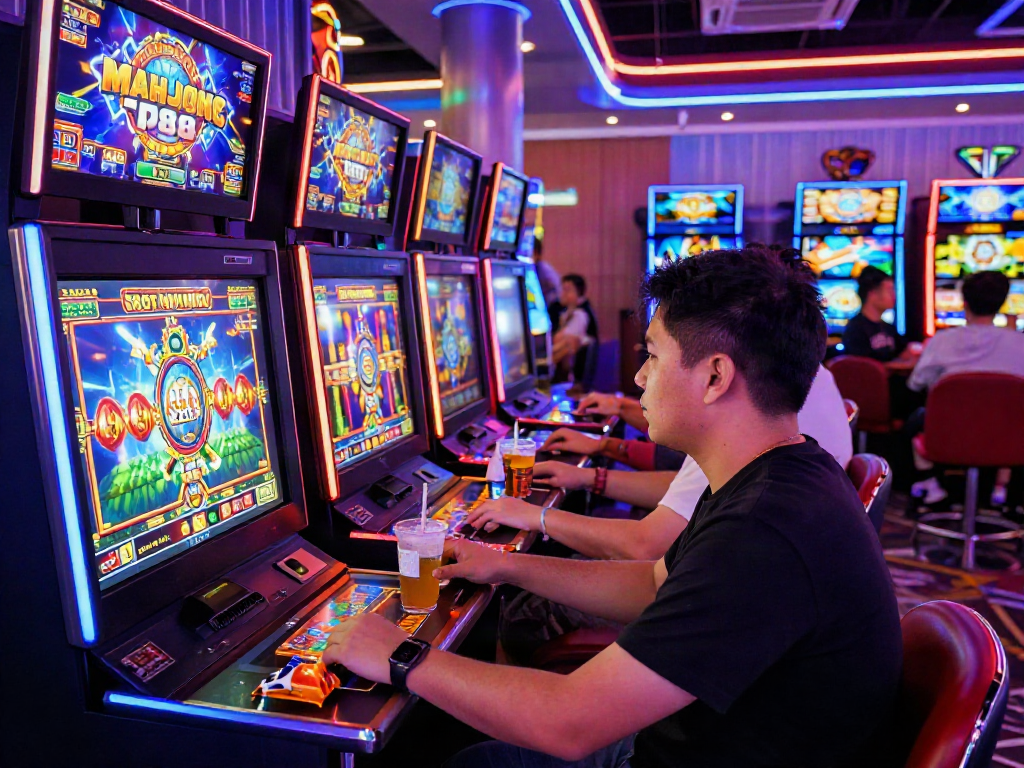 Engaged player enjoying Slot MAHJONGJP88 in a lively online casino setting.