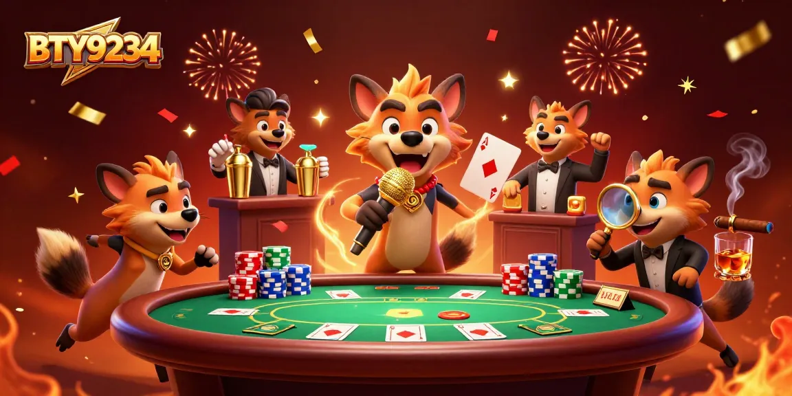 Experience BTY9234's lively comedy casino club with hyenas, poker chips, and festive elements.
