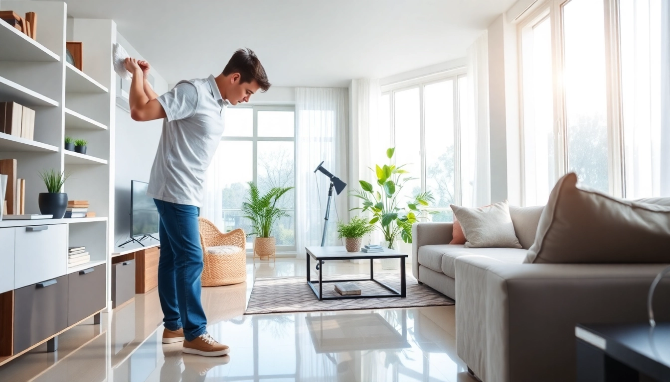 Bond cleaning process featuring a professional cleaner in a bright, welcoming living room.