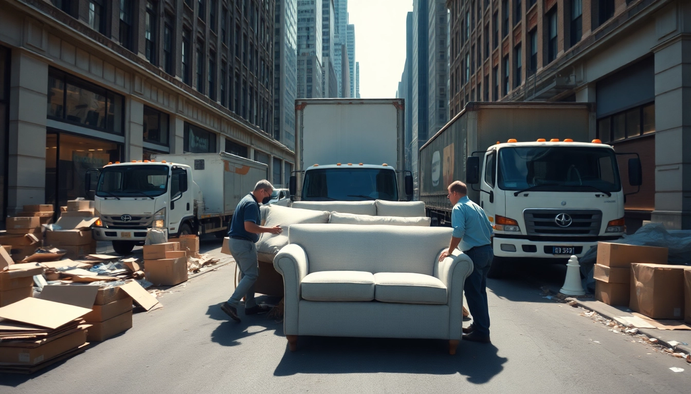Large furniture disposal NYC featuring an organized crew efficiently unloading furniture on a sunny day