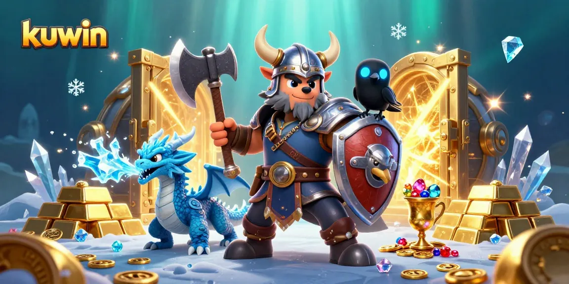 Kuwin brings immersive gaming experiences with a Viking warrior, dragon, and raven amidst treasure.