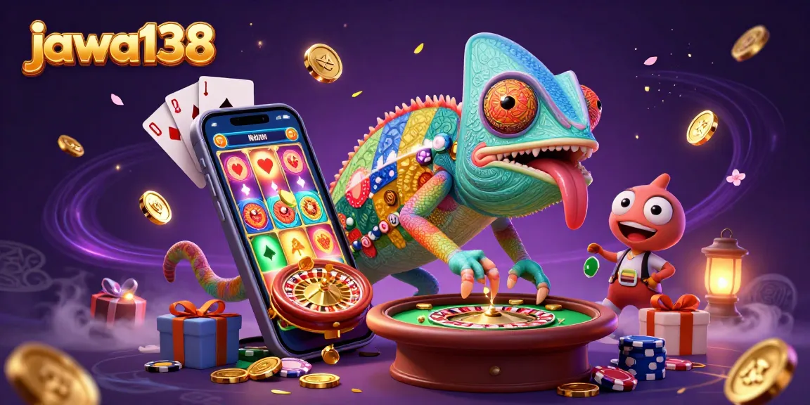 Jawa138 menghadirkan chameleon pemilik kasino dalam ilustrasi 3D yang menakjubkan dan penuh warna.