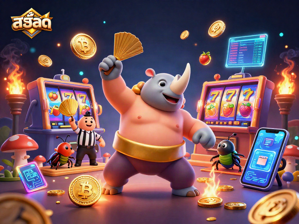 Experience exciting สล็อต moments with a vibrant sumo beetle stomping coins in a colorful casino scene.