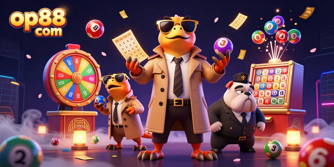 Experience thrilling wins at op88 com with cartoon raptors sneaking into a VIP casino lounge amidst colorful lottery elements.