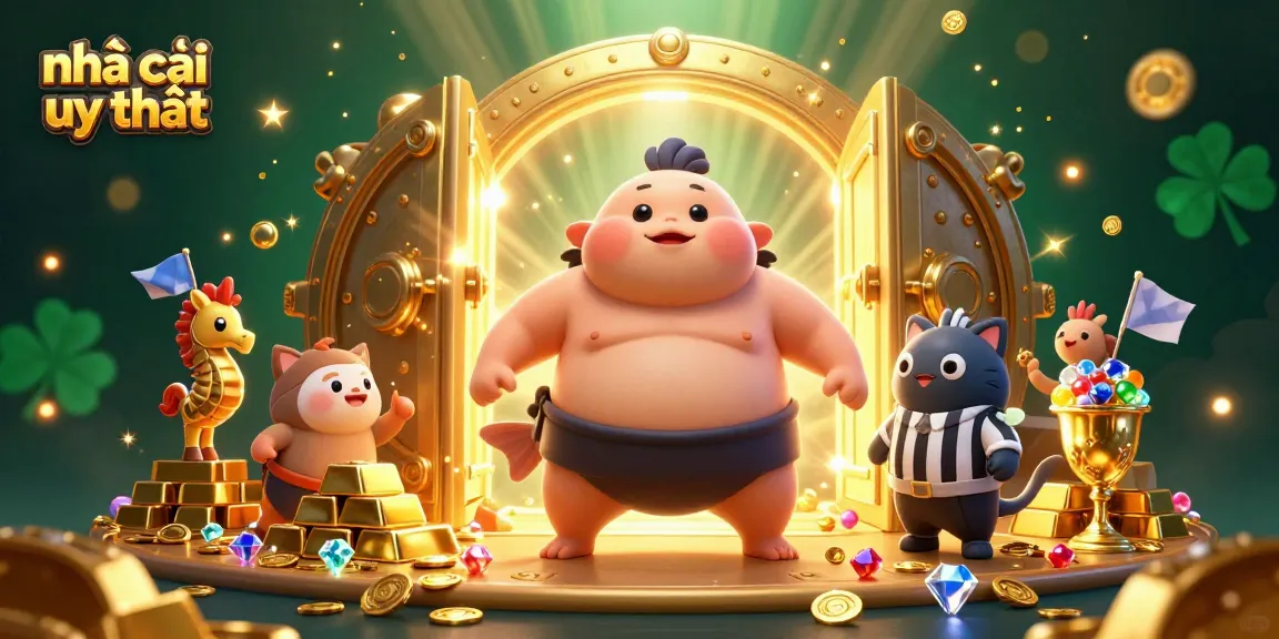 Engage with nhà cái uy tín in a vibrant 3D casino scene featuring characters and treasures.
