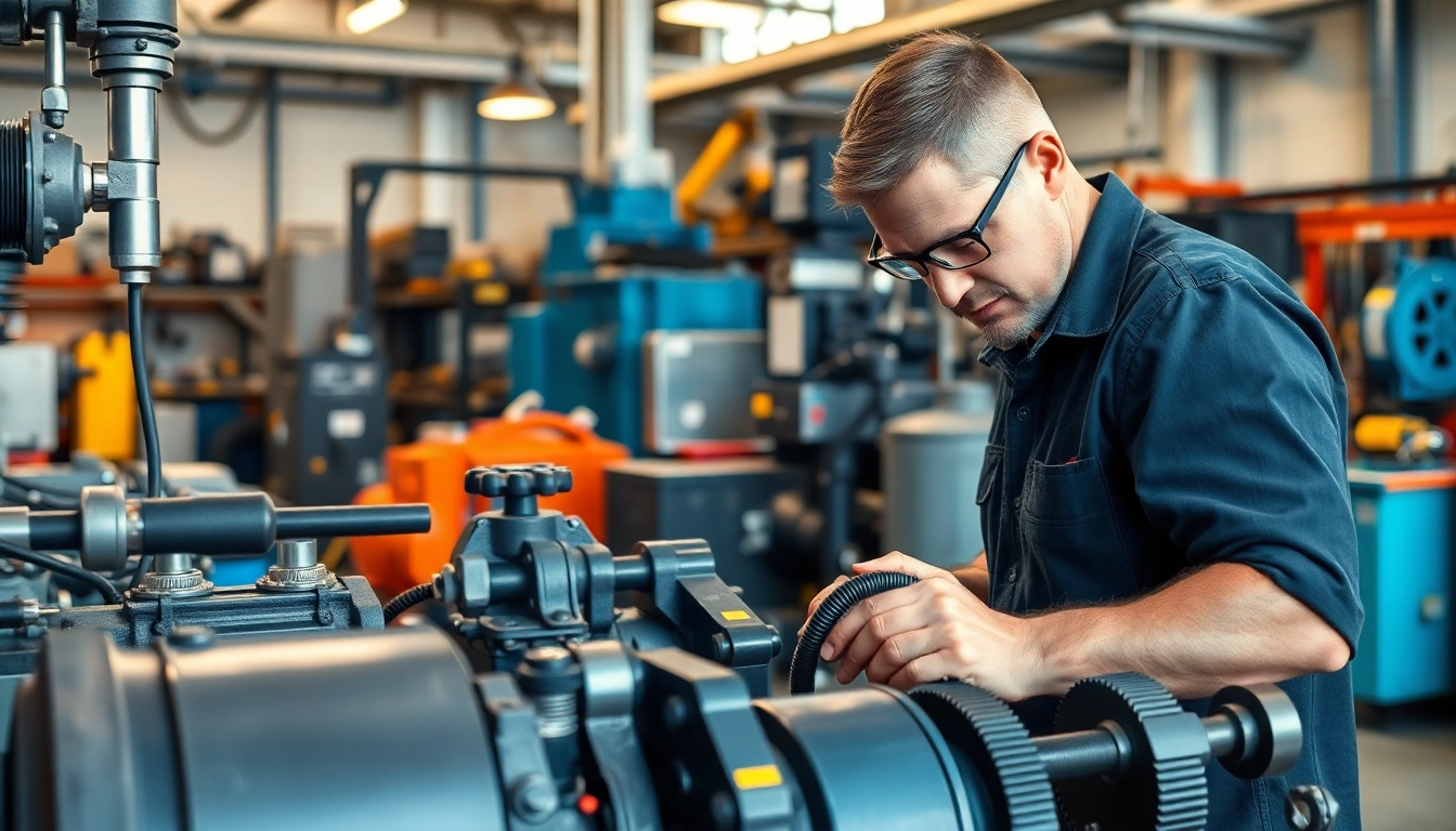 Technician performing on-site hydraulic repair, showcasing detailed equipment and professional setting.