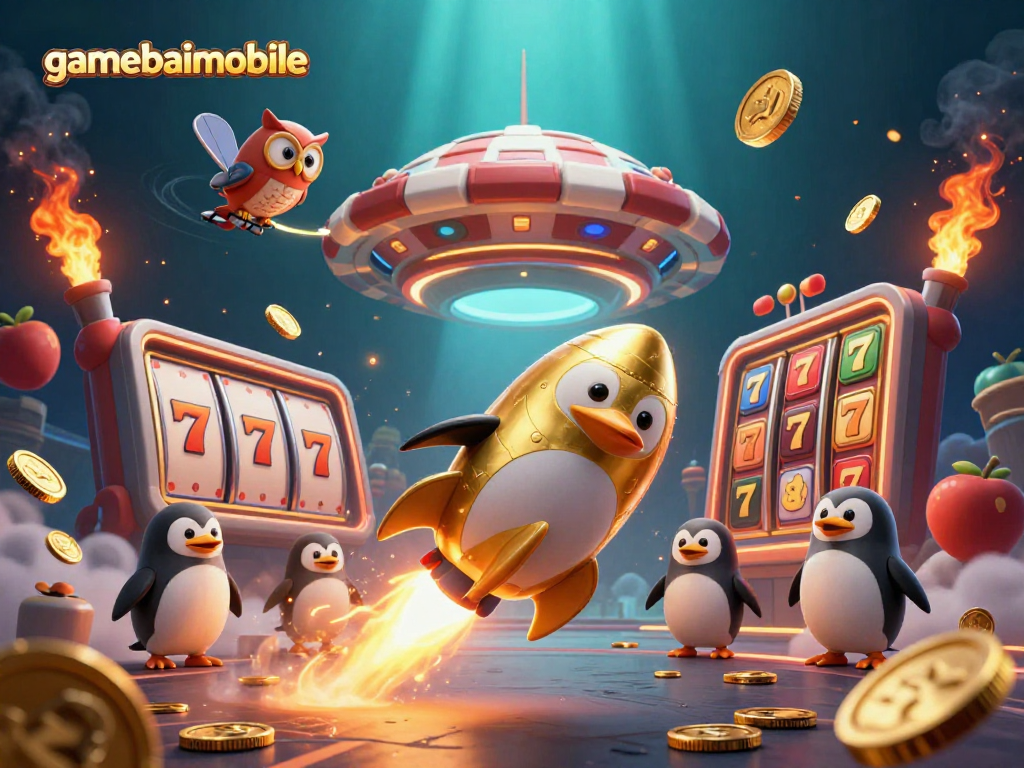 gamebaimobile showcases a vibrant 3D casino scene with dynamic slot reels and a golden penguin.
