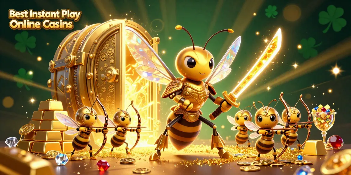 Play at the Best Instant Play Online Casinos featuring engaging 3D characters and vibrant casino treasures.