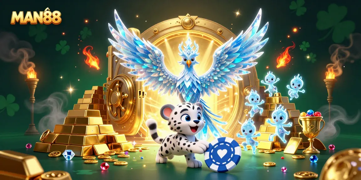Experience thrilling wins with MAN88, showcasing an ice phoenix and magical poker moments.