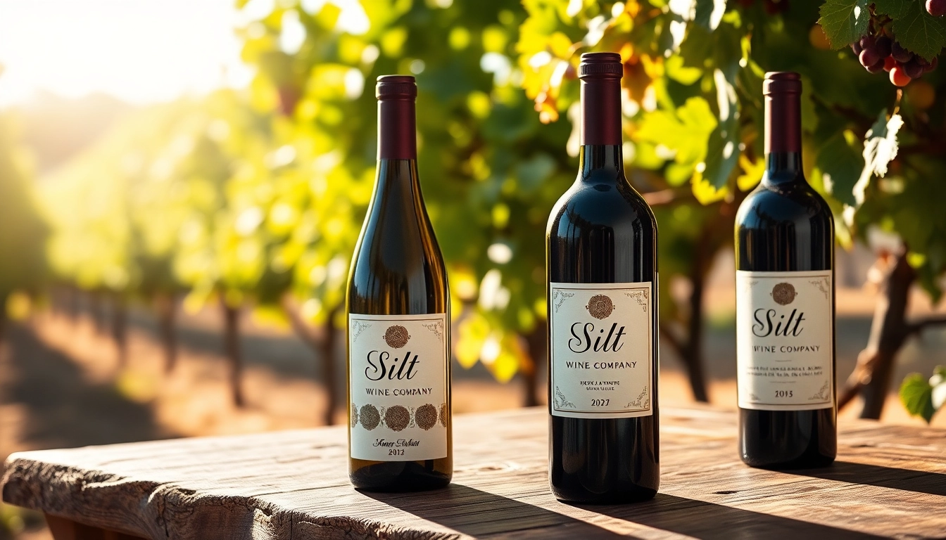 Showcase silt wine company wines elegantly presented on a rustic table with grapevines accentuating the atmosphere.