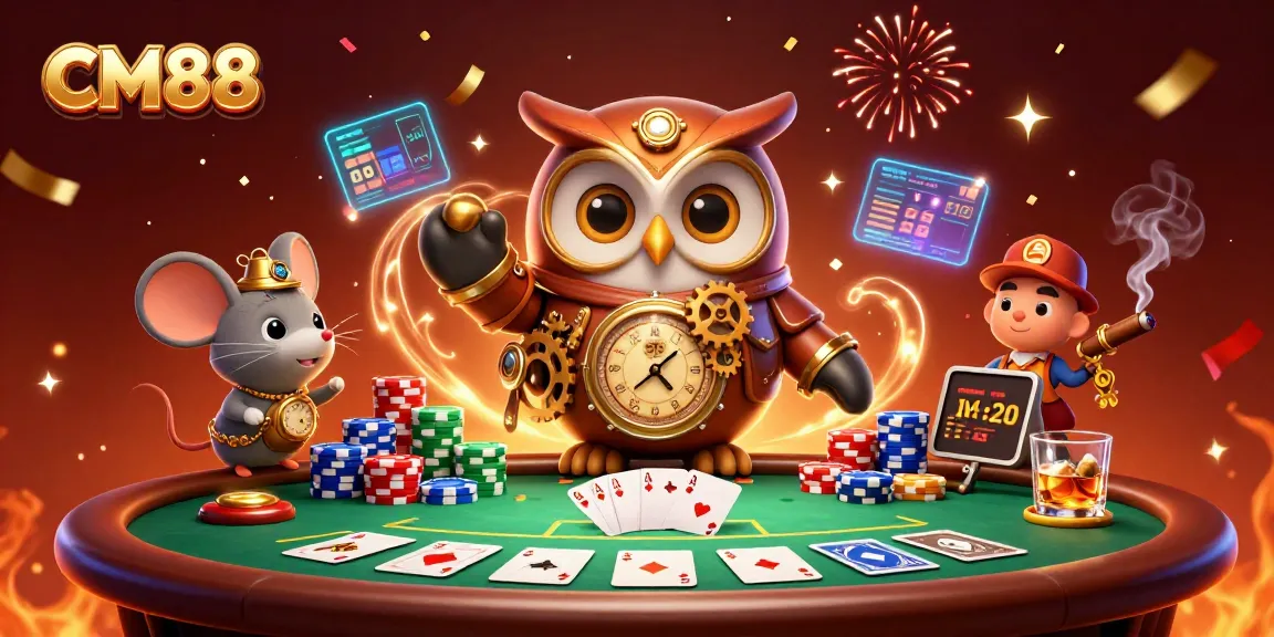Engage with CM88's immersive gaming experience featuring a time-traveler owl at a vibrant casino table.