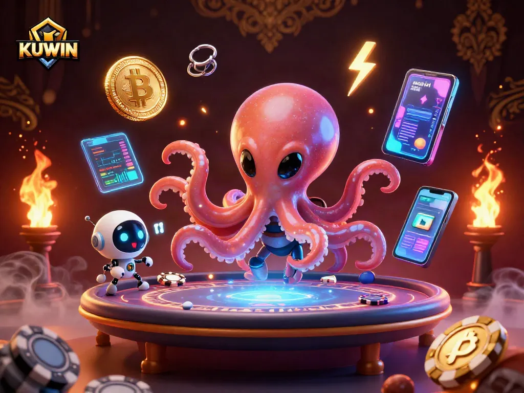KUWIN logo shines as a cartoon octopus operates a poker table with vibrant chips and crypto coins.