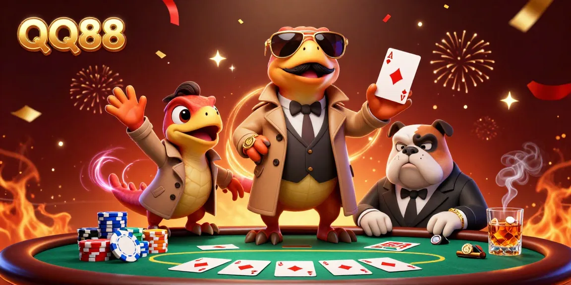 Experience the excitement of QQ88 casino with raptors in disguise, vibrant poker elements, and a thrilling atmosphere.