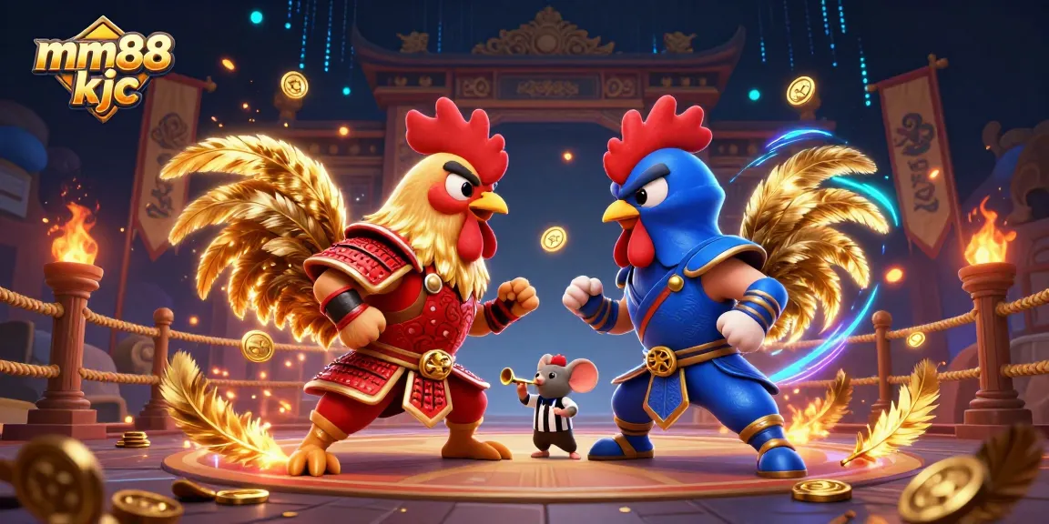 Experience thrilling gameplay at mm88 kjc with cartoon roosters in combat, featuring vibrant casino elements.