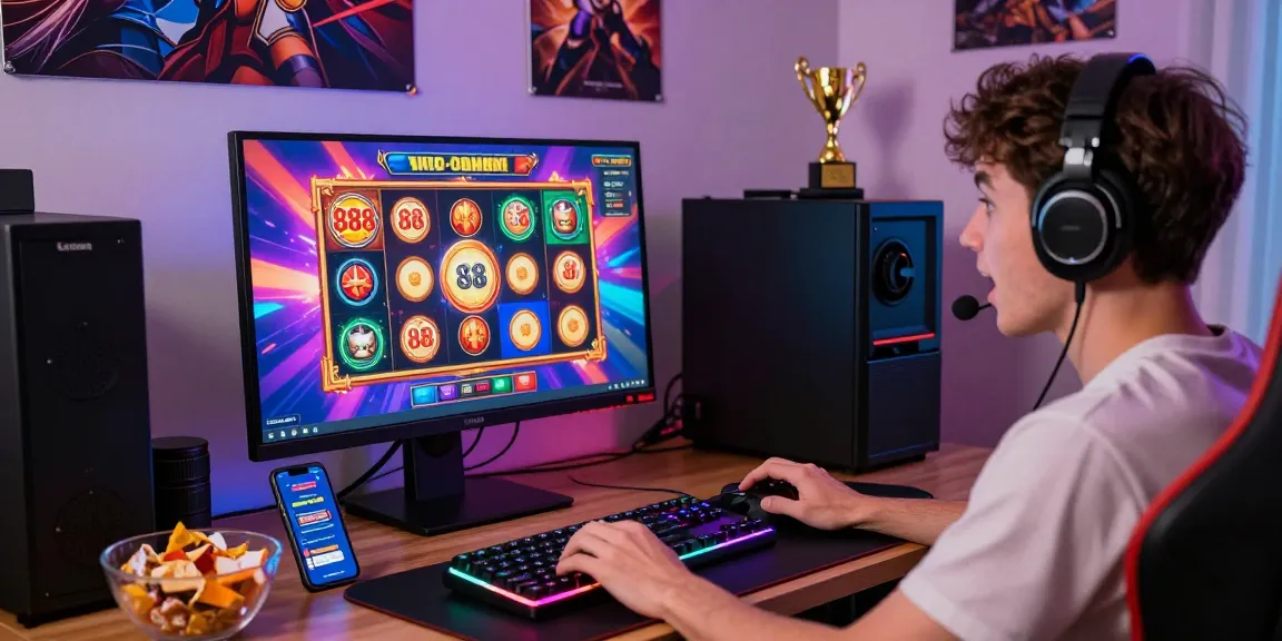 Engaged player experiencing an exciting 888 slot game on a high-definition monitor in a vibrant gaming room.